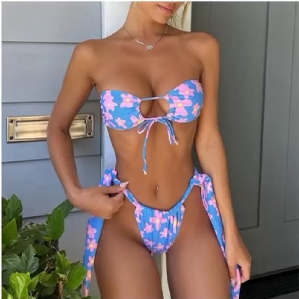 Blue and Pink Floral Bikini Set